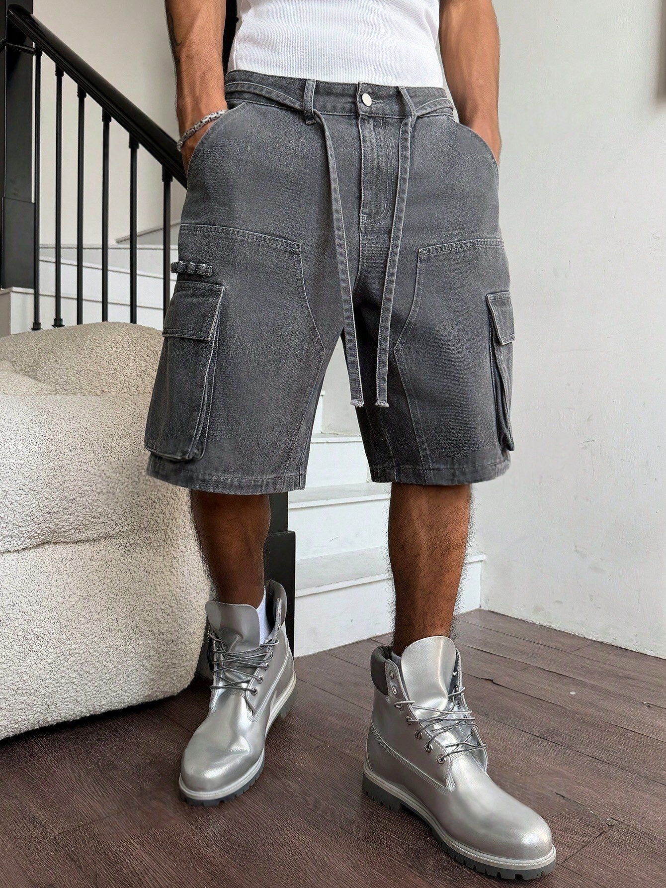 Streetwear Brand Pants - Pantaloncini cargo in denim grigio slavato